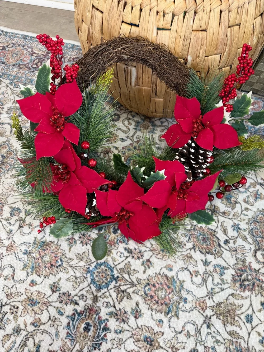 New Red Poinsettia & Pine Holiday Wreath - Classic Seasonal Door Accent